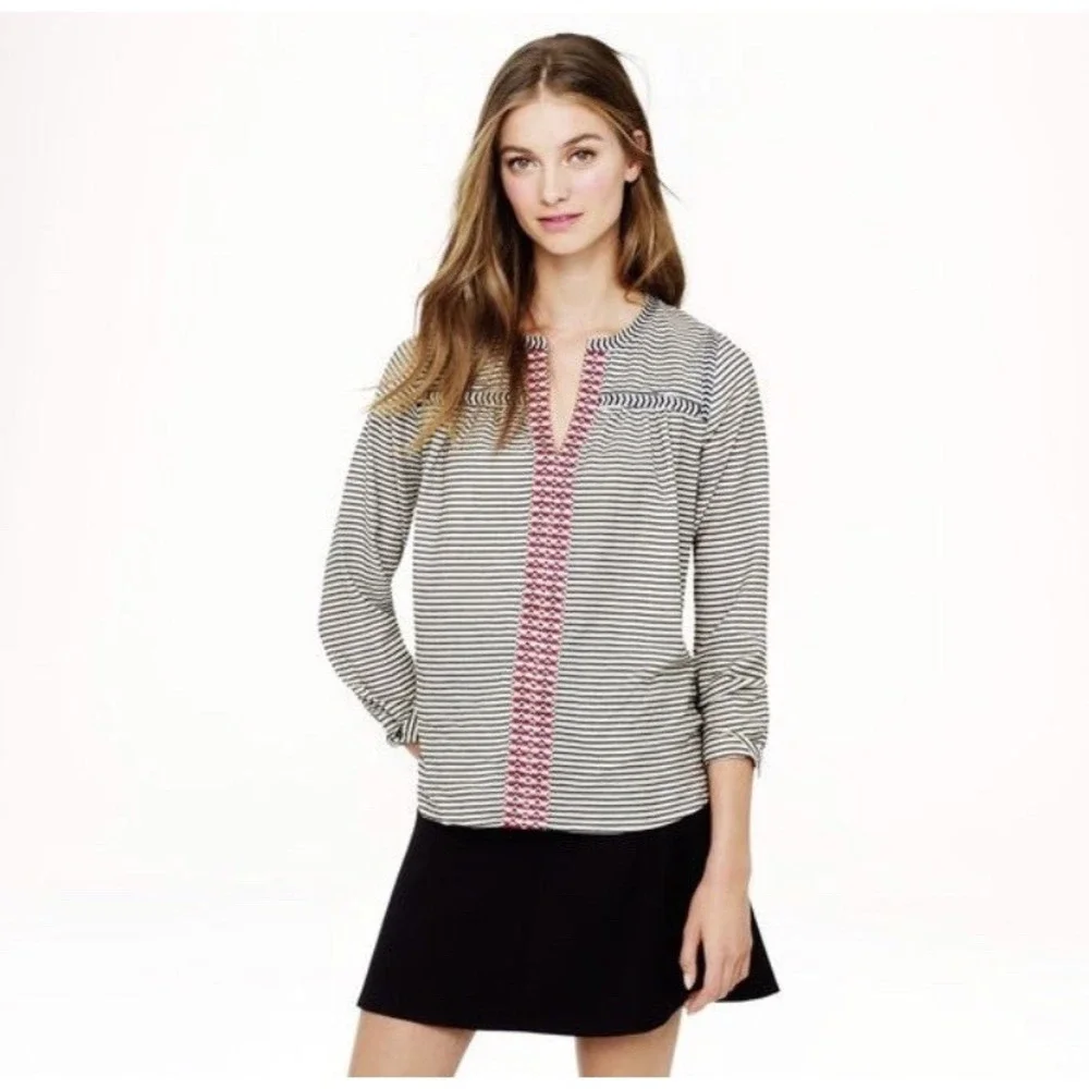 J.Crew Embroidered Peasant Top in Stripe Size Small Off White Black Red Blouse